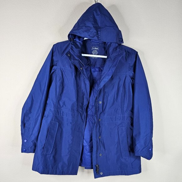 LL Bean Jacket Womens M Medium Blue Rain Coat Hooded H2OFF Lined Primaloft - Picture 2 of 14
